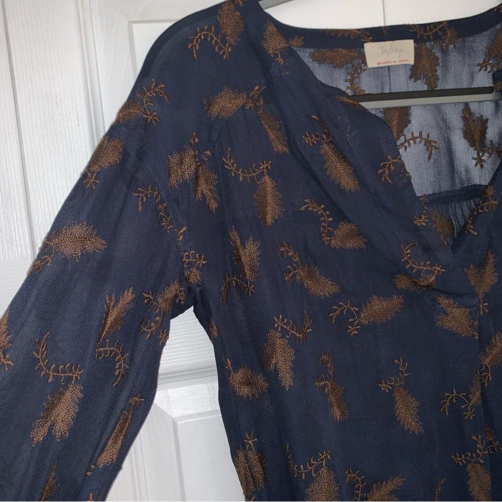 Wrap London sheer Navy blue with tan design, waist ties and button detail US Sz4 - Picture 3 of 10